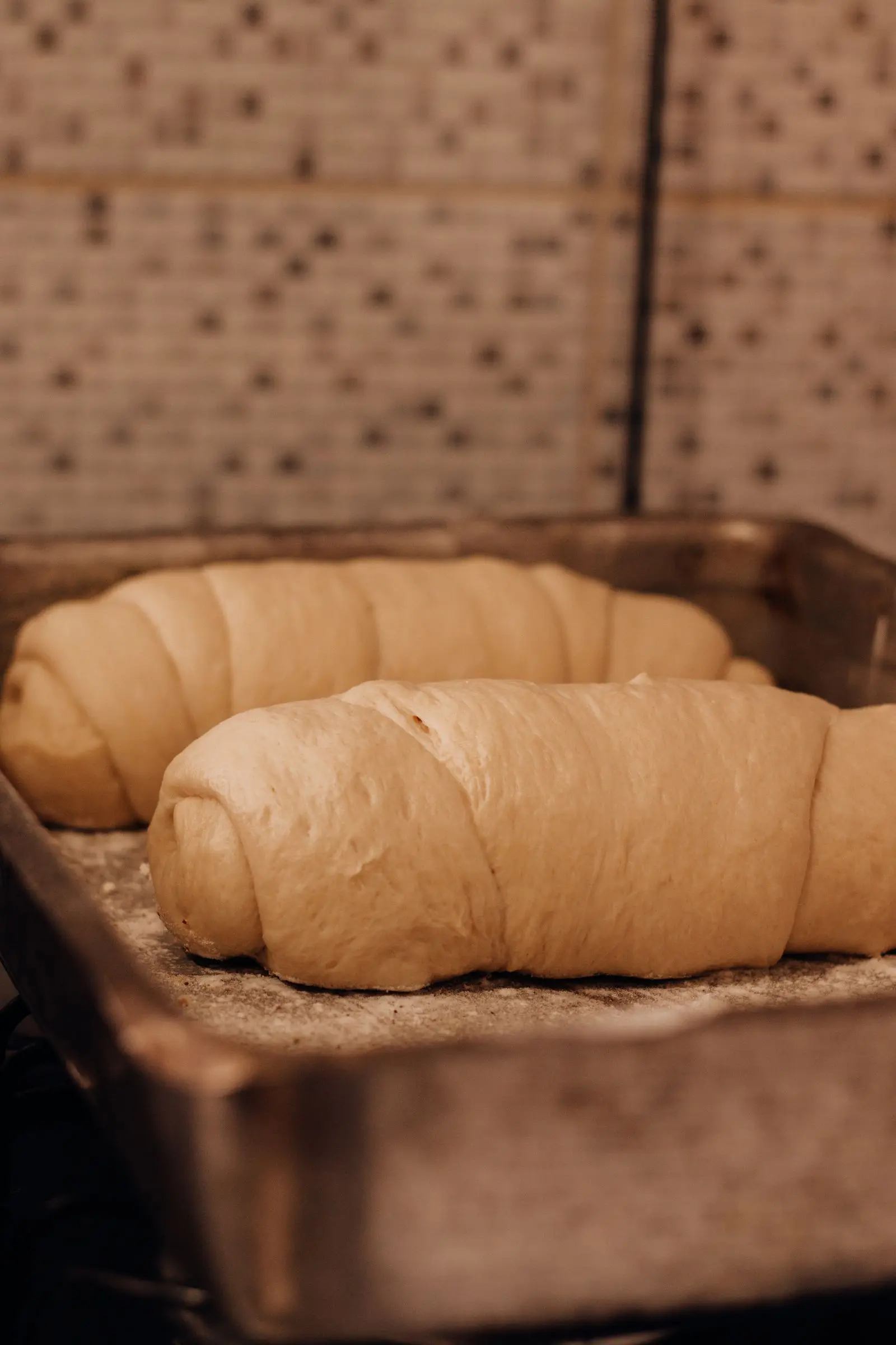 Loaves proofing in a bakery pan